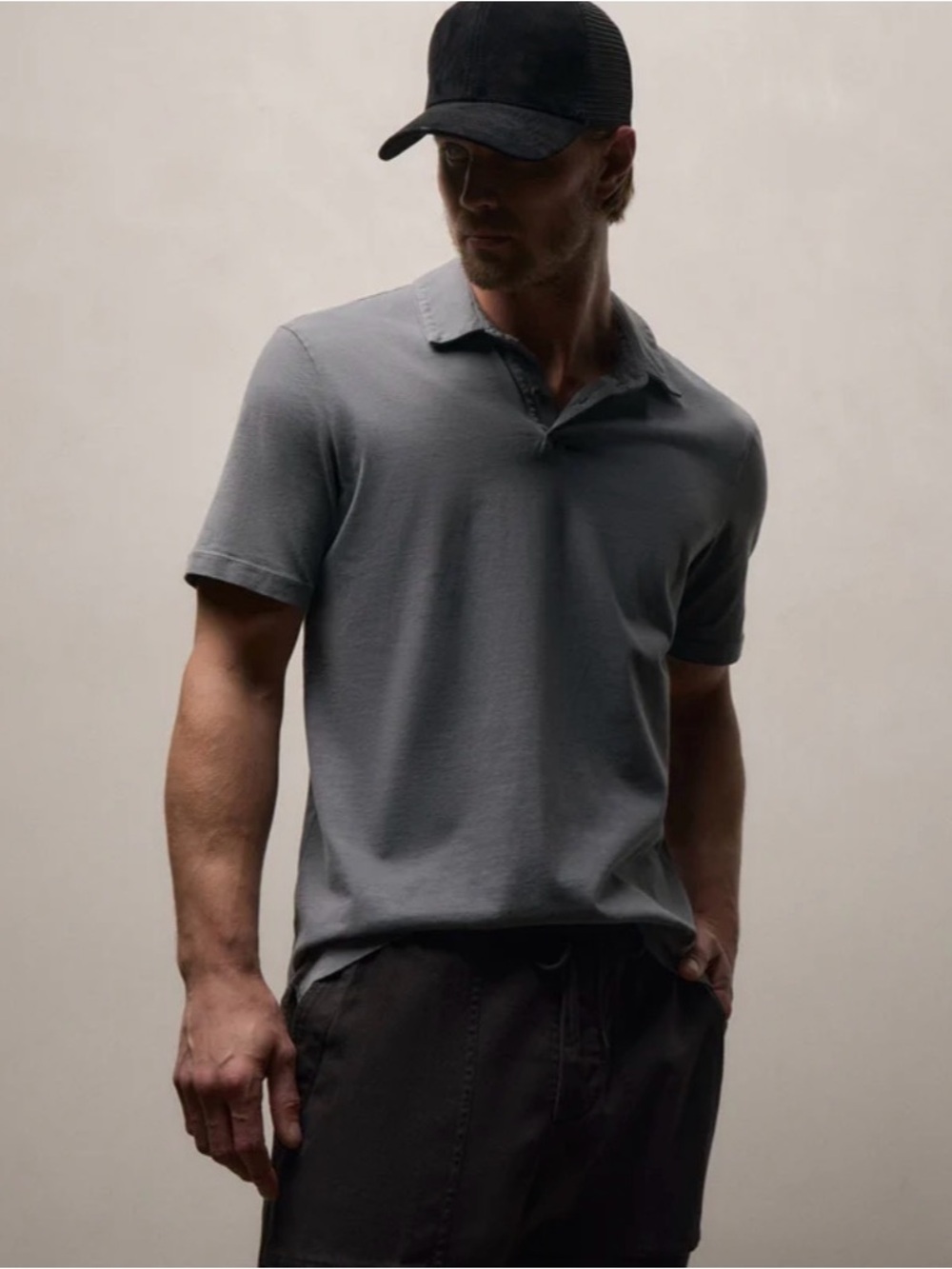 James Perse Sueded Jersey Polo in Cavalry Pigment Steel Gray Large Preppy
